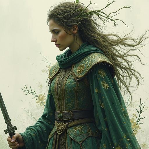 A fusion of shadow dancer and primal druid magic. A warrior-poet character blurring the line between flesh and spell. Features include a bone-white scimitar and unstable magical aura, druidic cloak, and weathered armor. The atmosphere conveys opulent decay with arcane suspense and folklore mystery.