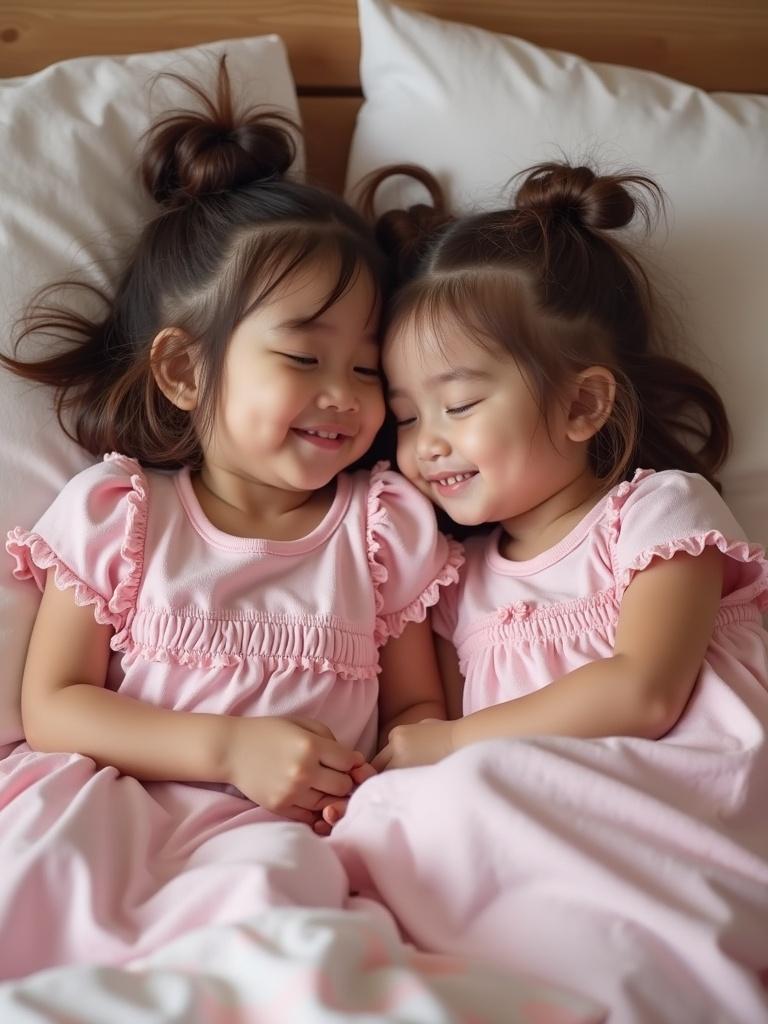 Two little girls in baby pink short nightgowns cuddling in bed during a sleepover. They are smiling and enjoying their time together.