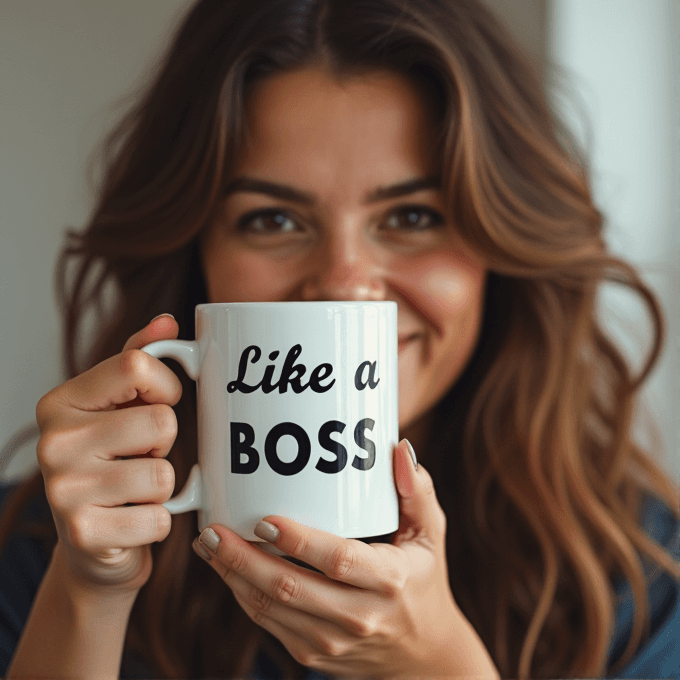 A smiling woman holds a mug that reads 'Like a BOSS' in front of her face.