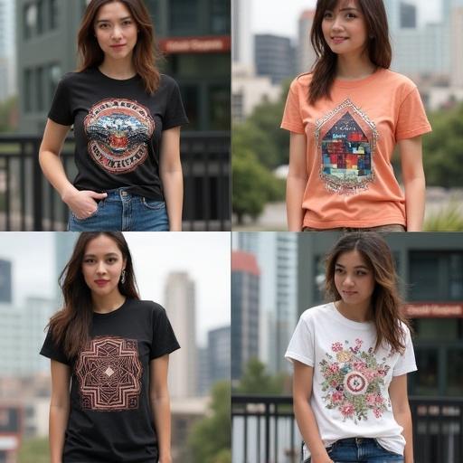 Grid of four lifestyle photos showing different custom printed t-shirts. Features vintage music festival poster, geometric art, floral pattern, abstract design. Models pose in an urban setting.