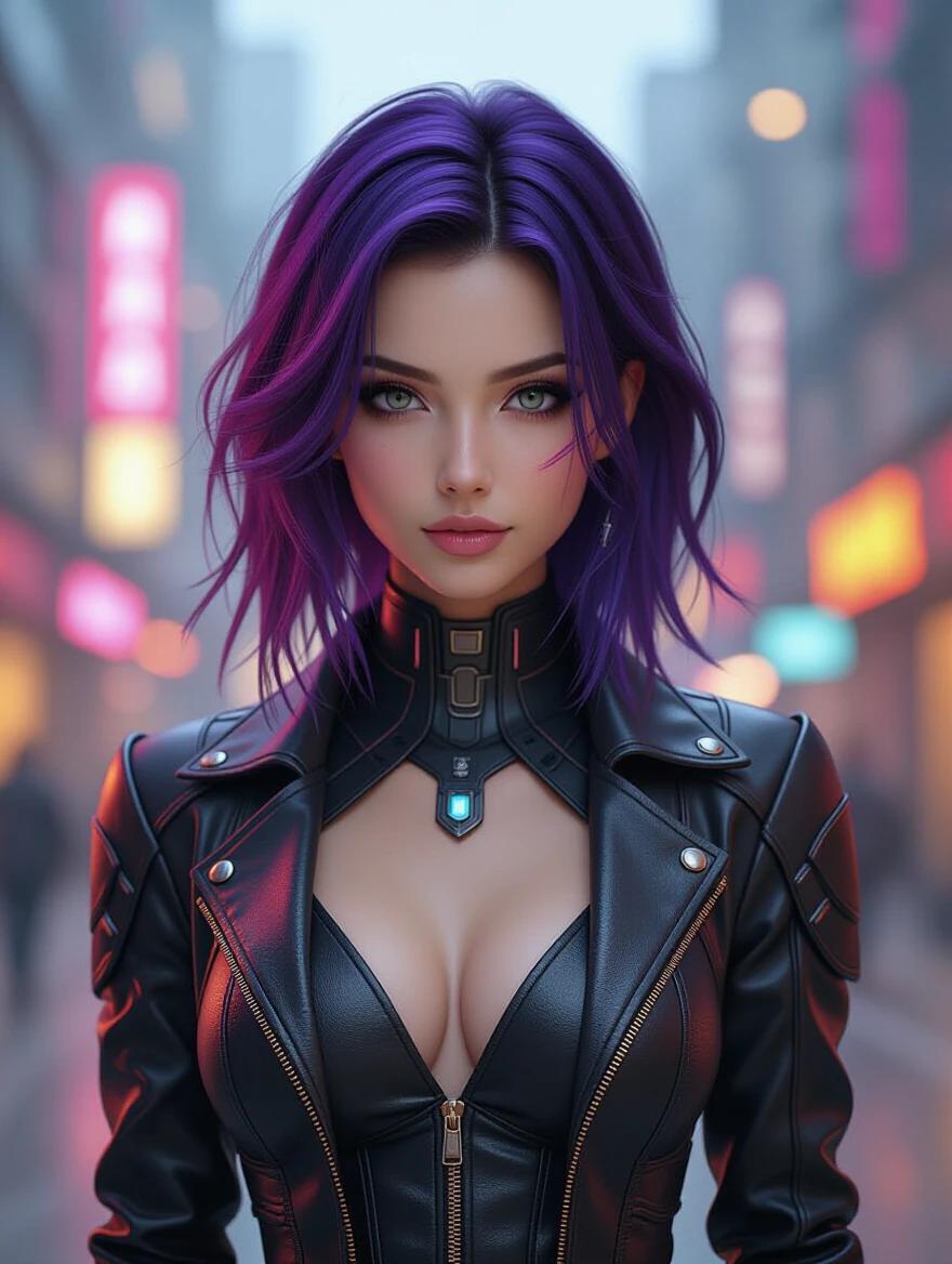 A confident cyberpunk girl with purple and black hair stands in a futuristic city. Lighting embodies light bronze and magenta tones. The outfit features metallic textures and reflects glowing accents. The scene is vibrant with cinematic color grading.