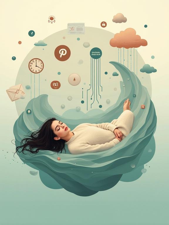 A surreal vector-style artwork of a young woman lying curled up in mid-air surrounded by turbulent visual waves. Background consists of circular graphics in pale aquatic tones. Slightly distorted elements rise from the backdrop including a clock and social media icon. Typography in elegant serif caps states, 'Even calm feels loud.'
