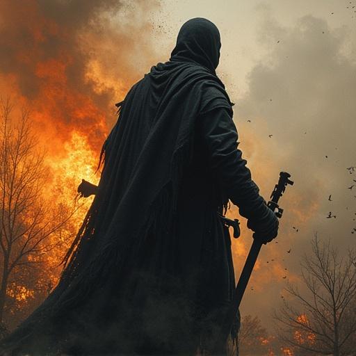 A hooded figure in dark clothing stands poised with a sword amidst a fiery backdrop. The scene reflects themes of justice against terror.