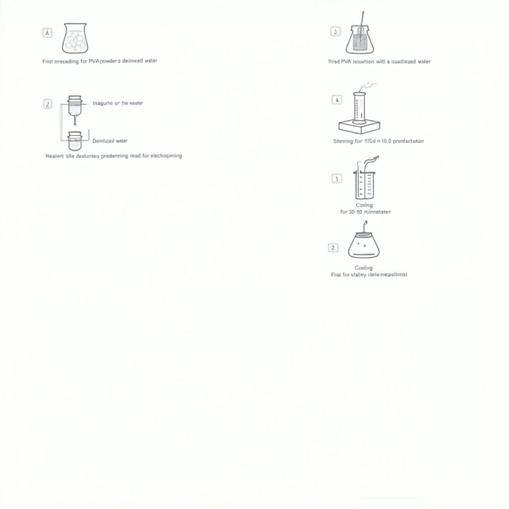 Illustration of polyvinyl alcohol solution preparation. Steps include measuring PVA powder and deionized water. Mixing in beaker on stirrer. Heating on hot plate with thermometer. Stirring for 30-60 minutes. Cooling to room temperature. Final PVA solution ready for electrospinning. Technical terms labeled for clear understanding.