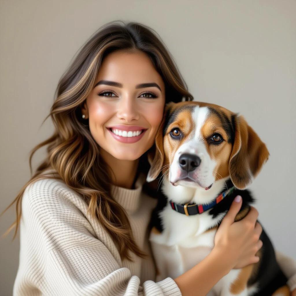 A 32-year-old woman holds a Beagle dog. The woman has long wavy hair and is wearing a cozy sweater. Both subjects face the camera against a neutral background.
