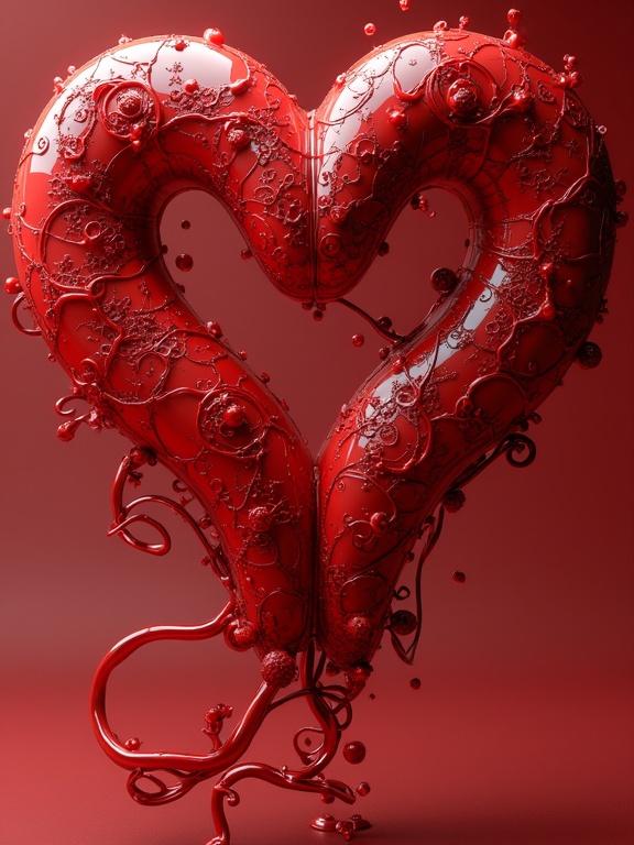 3d heart design. Shiny red latex with intricacies and fluid curls. Displayed in high resolution.