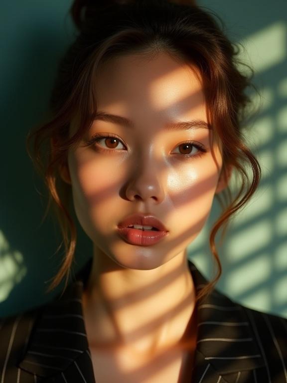 Close-up portrait of woman illuminated by soft warm afternoon light shadows across face. Natural glowing complexion dewy skin. Background muted teal walls enhance warmth. Dark pinstriped blazer adds elegance. Hyperrealistic aesthetic texture of skin play of light shadow warm neutrals soft pastels.