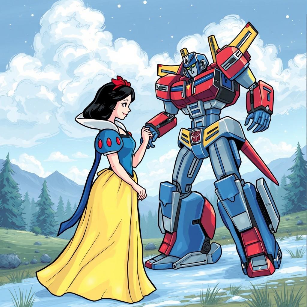 A cartoon character in a yellow dress holds hands with a giant red and blue robot in a scenic outdoor setting.