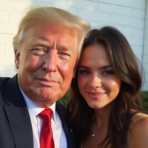 Trump and Selena Gomez pose for a selfie. Sunlight illuminates their features. A white wall serves as the background. Captured in close-up.