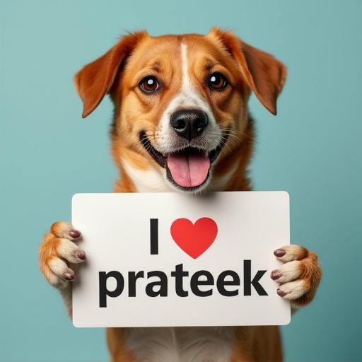 A dog holds a sign that says I love prateek. The dog looks happy and is centered in the image. The background is light blue.