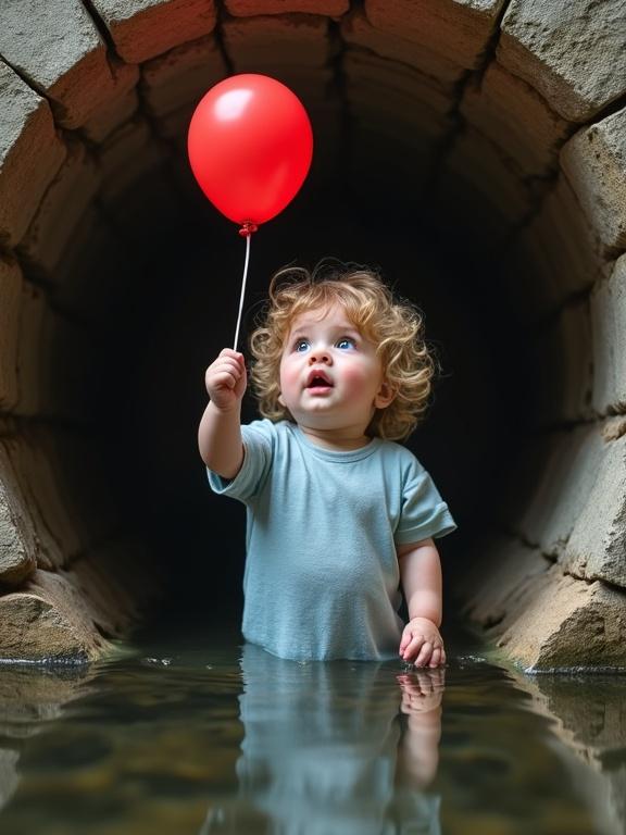 Adventurous scene with a baby in a stone well. Baby wears a light blue onesie. Red balloon held in one hand. Surprised expression seen in wide eyes. Water reflects the baby and balloon. Soft natural lighting enhances the scene.