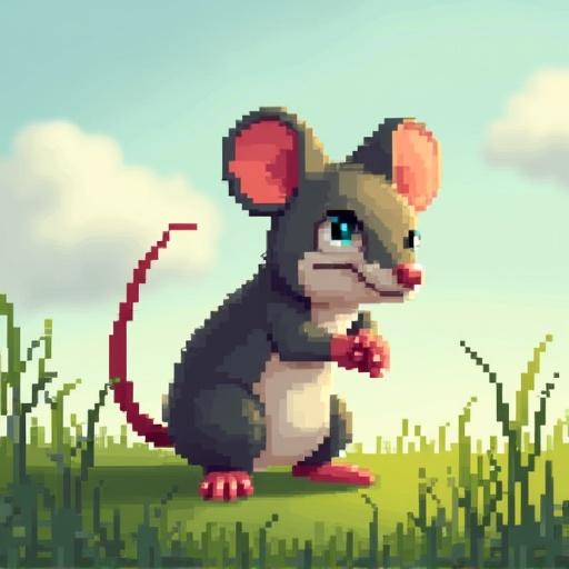 Pixel art depiction of a mouse featuring light gray fur with pink ears, standing in tall green grass under a blue sky. The mouse has a cute expression and is holding its paws together. The entire scene is designed in a pixelated style.