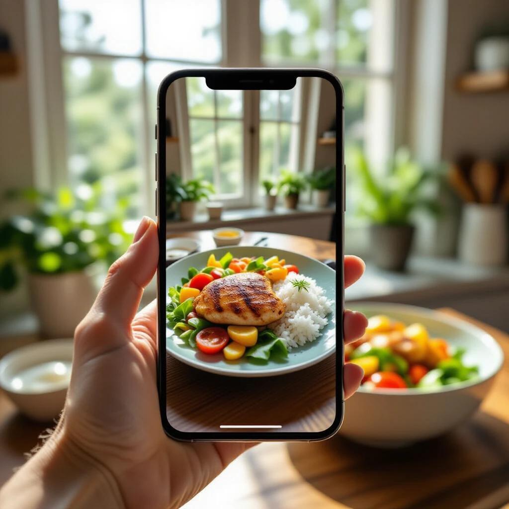 Close-up of a realistic hand holding a smartphone in portrait mode. Smartphone captures a vibrant plate of food. The dish includes grilled chicken salad and rice. The background is blurred. Natural daylight illuminates the scene. Elegant kitchen setting visible.