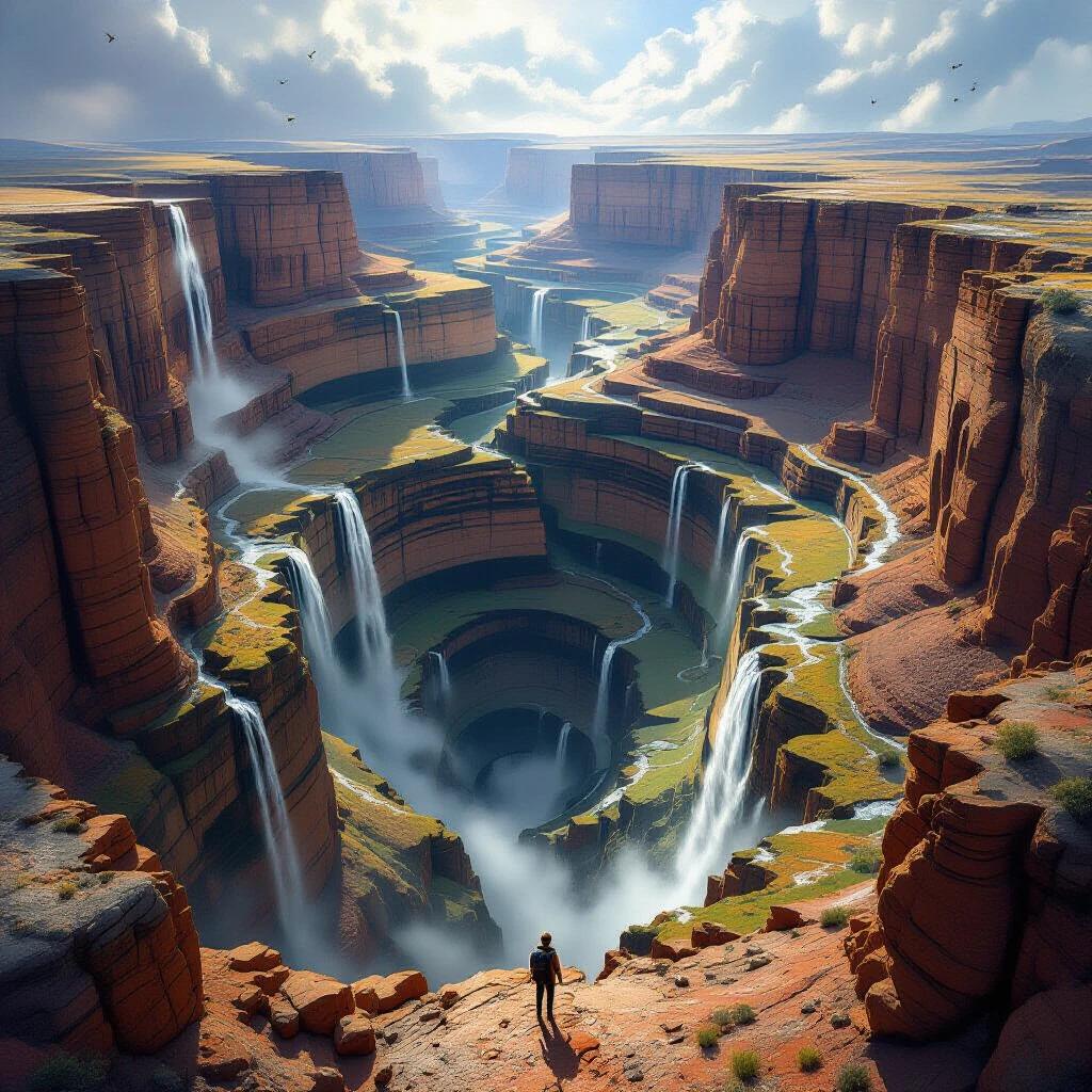 Dramatic landscape artwork shows massive spiral canyon descending into earth. Impossible geological formations create extreme vertigo. Composition features layered rock formations spiraling downward. Lone hiker stands at rim. Colossal scale of spiraling abyss shown. Different geological eras visible in rock layers. Perspective emphasizes dizzying depth. Birds appear as tiny specks. Waterfalls cascade from spiral levels. Mist obscures bottom depths. Lighting changes from bright daylight to mysterious shadows. Desert colors transition from warm to cool. Photorealistic landscape with wonder and vertigo-inducing fear.
