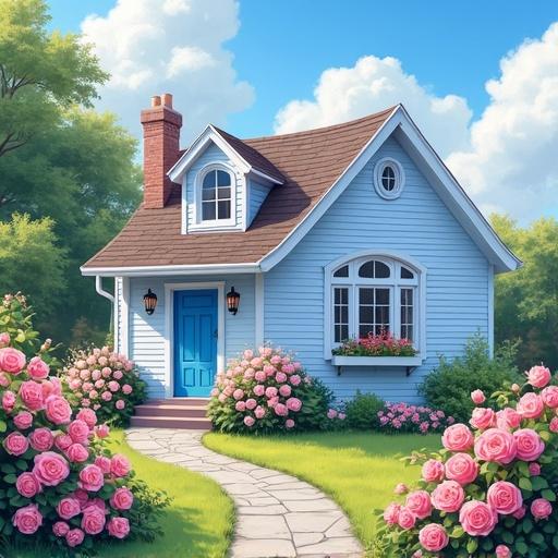 A charming light blue cottage with white accents. Surrounded by pink rose bushes on a sunny day. Blue sky with pink and white clouds create a serene atmosphere.