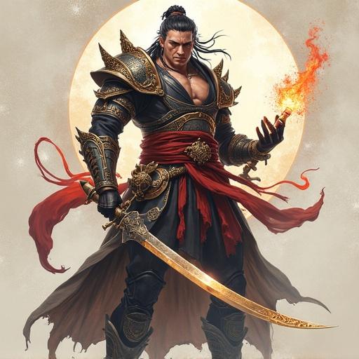 Image of a powerful warrior dressed in ornate armor. Warrior holds a flaming sword with a dramatic pose. Background features a luminous circular halo. Strong emphasis on details in the armor and the color red.