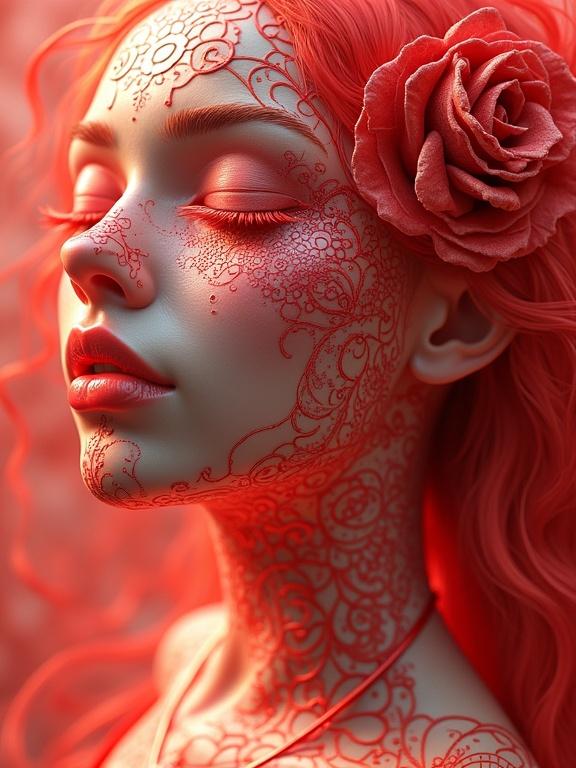 Hyper-detailed artwork featuring a supermodel with zentangle designs. 3D Droste effect techniques applied. Bright red and peach colors dominate the scene. Woman's face highlighted with a flower accessory.