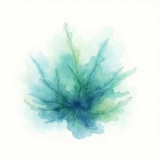 Watercolor in pastel colors. Clump of blue-green algae against a blank centered background.