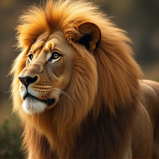 A majestic lion with a flowing golden mane. The lion is positioned to showcase its side profile featuring a strong face and bright eyes.