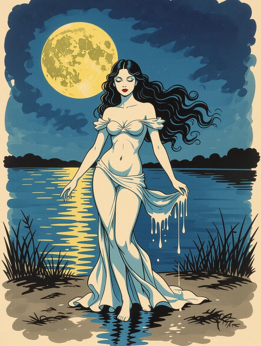 A nude princess stands gracefully in front of a midnight horizon. She has flowing hair and wears a flowing dress. The background features a full moon illuminating the scene and a calm waterbody reflecting the moonlight. The artistic inspiration blends elements of Salvador Dali and Monet.