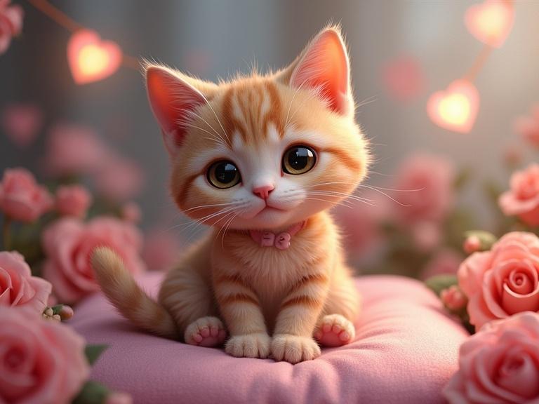 Cute cat sitting on a pillow with flowers around. Tiny heart lights decorate the scene.