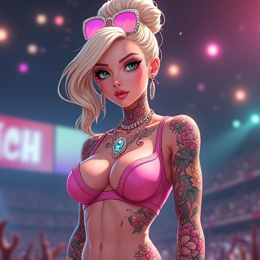 Anime-inspired character in a concert setting. Woman 59 years old with beautiful features. Emerald green eyes and light blonde bun. Dressed in pink apparel with tattoos. Features include diamond jewelry and cybernetic leg. Captivating night scene filled with vibrant colors and engaging atmosphere.