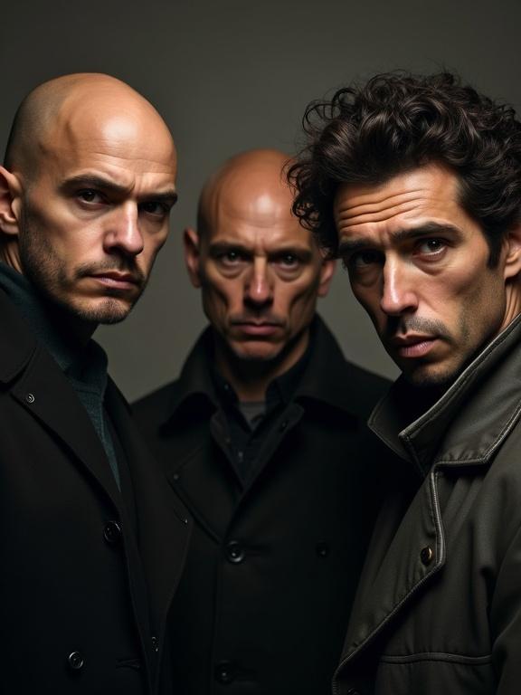 Three unsavory looking men stare menacingly into the camera. One man has a bald head. Another man has thick, wavy hair.