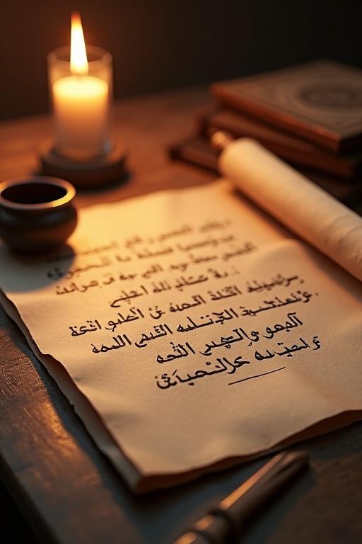 Close-up of an old parchment scroll on a wooden table. Elegant Arabic calligraphy of Hazrat Ali's quote on the scroll. Glowing candle and inkpot beside it. Warm ambient lighting creates a spiritual mood.