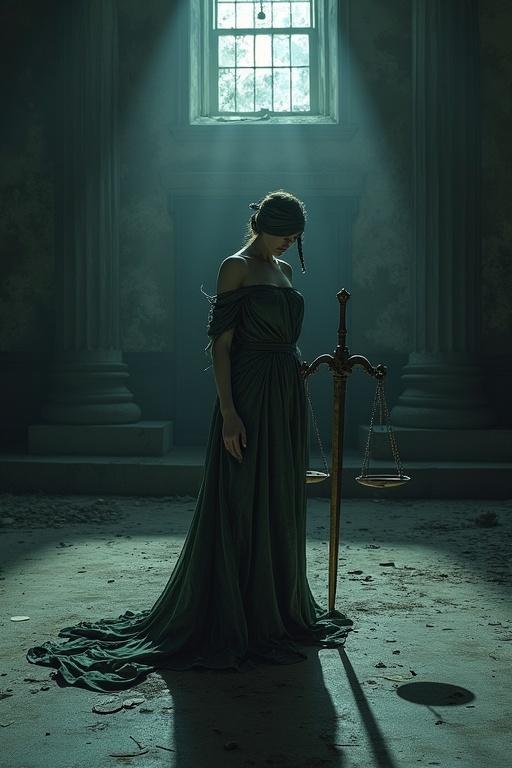 Lady Justice stands alone in an abandoned courthouse. The room is filled with shadows and moonlight. Her blindfold is frayed and slips over her eyes. One side of her scales lies broken on the floor. The sword she holds is rusted and drags on the ground as she moves. She kneels in despair, evoking themes of loss and moral decay. The atmosphere is haunting, filled with echoes of a gavel and whispers of disillusionment.