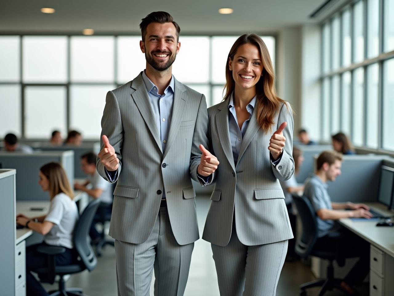 The image features two individuals standing in an office space. They are both dressed in matching light gray suits with pinstripes. The male figure on the left has his hands pointing out in a playful manner while smiling. The female figure on the right is also smiling and has one hand out, mirroring the gesture of the male. Behind them, there are several office cubicles and people working at their desks. The office has large windows allowing natural light to fill the space.