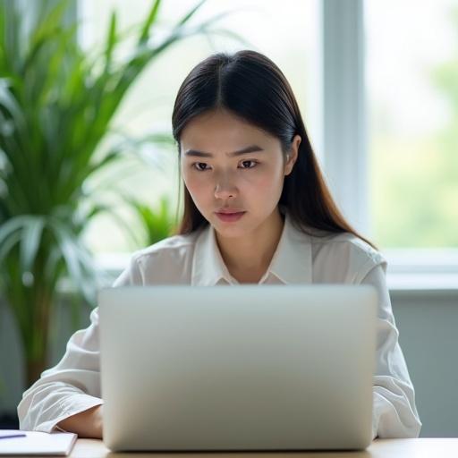 Young Korean woman working on laptop. She has an angry expression. Sitting near a window in a bright office. Natural light fills the space. Green plants are visible in the background. Wearing a white blouse. Photographed from a semi-side angle. Realistic style with soft lighting. Natural Korean facial features clearly emphasized.