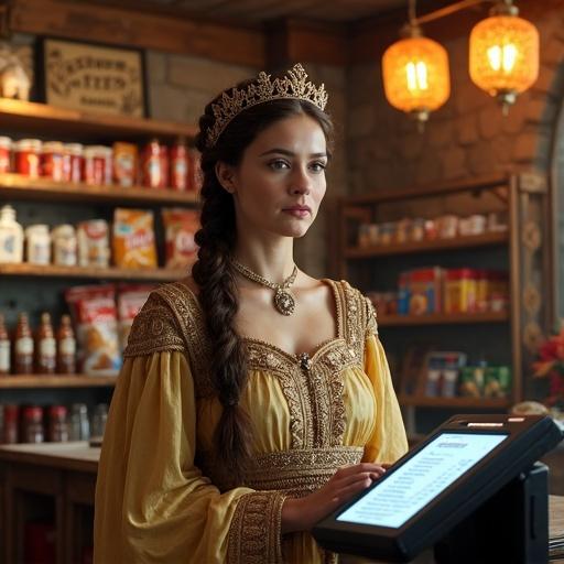 A shopkeeper styled as a historical queen stands behind a modern checkout counter. She wears an ornate medieval gown with gold accents and a jeweled crown. The store has stone walls and wooden shelves filled with snacks and drinks. Magical lanterns illuminate the space, adding fantasy elements. The composition is photorealistic and detailed.