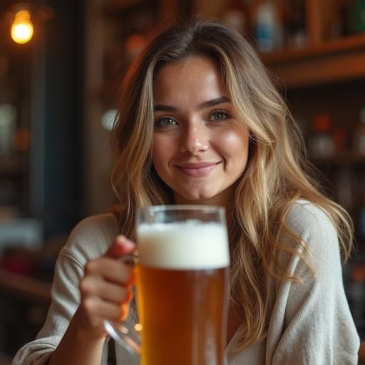 A woman enjoys craft beer in a casual setting. She smiles holding a glass of beer. There is an Argentine Holstein cow in the background. The environment is warm and inviting.