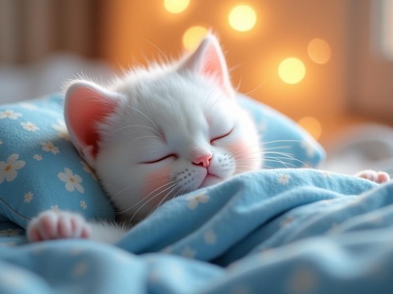 A sleeping adorable white baby kitten with a blue floral pajama in a cozy bed. Soft bokeh lights are in the background. Open shot shows the bedroom.