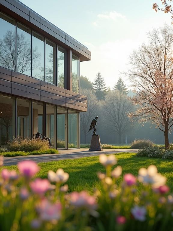 Modern university building with big windows. Two floors visible. Sculpture included. Scene set in the morning during spring. Composition follows rule of thirds. Photorealistic view of the building. Large garden in background. Flowers in foreground.
