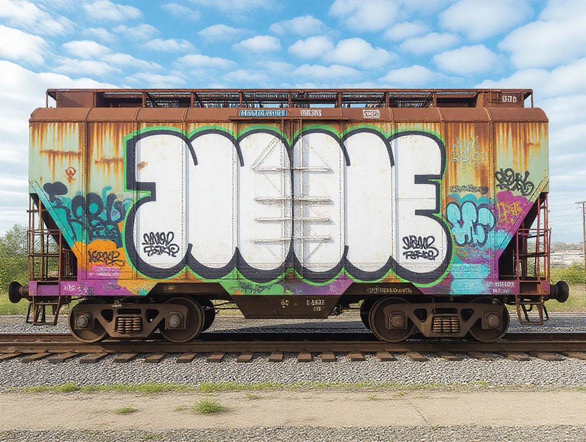 Realistic urban background features side of large train car. Train is clean with large empty surface for users to draw graffiti. No existing tags or text visible. Includes realistic textures such as rust and metal. Vertical format for coloring or sketching purposes.