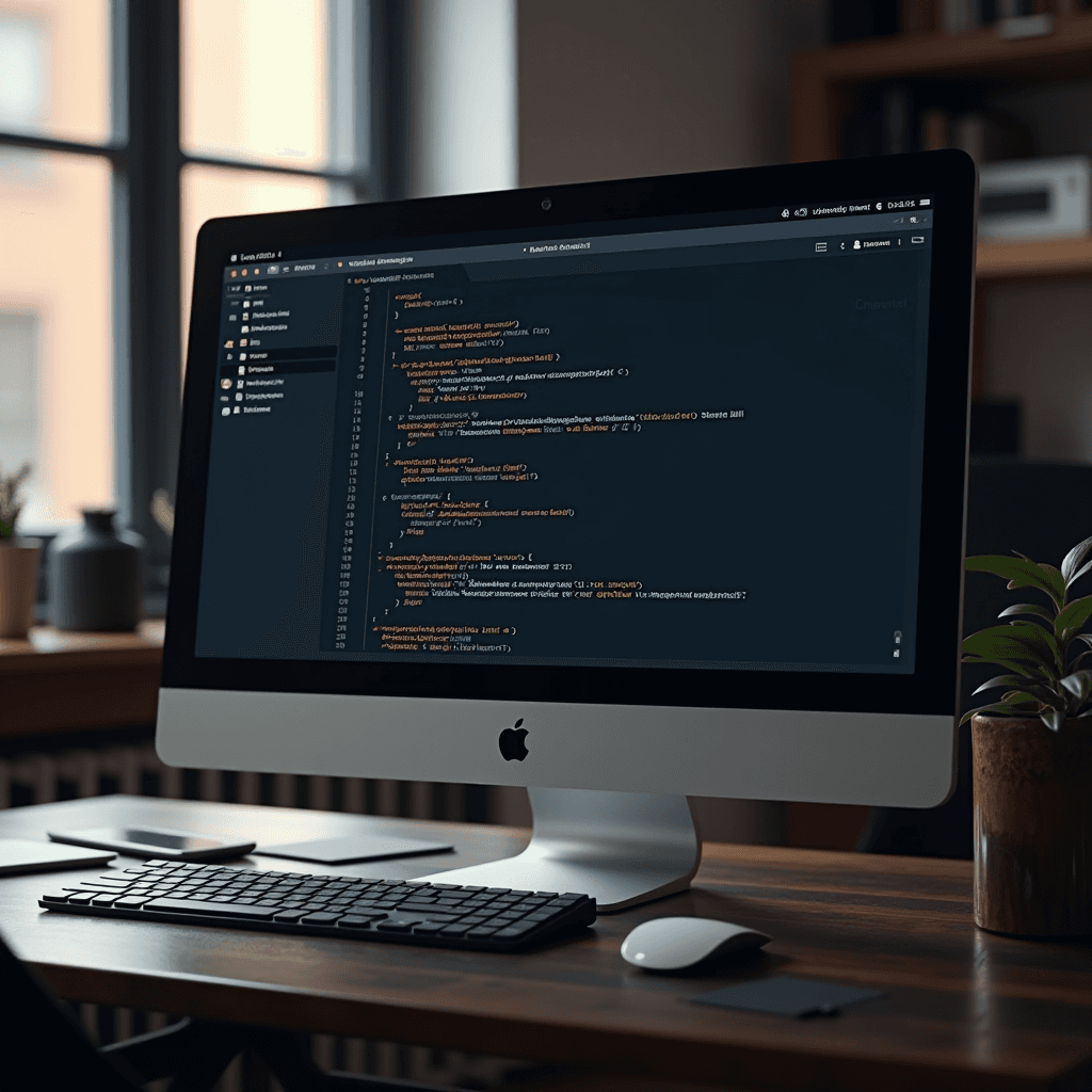 A sleek computer on a wooden desk displays vibrant code, surrounded by modern office decor.