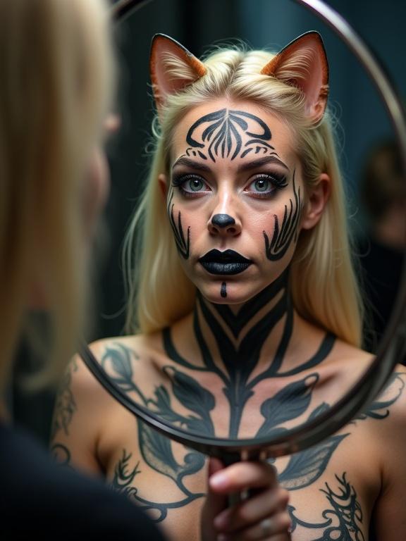 Close-up shot in a tattoo studio. A woman looks into a handheld mirror. She has blonde hair and face tattoos resembling a tiger. Includes fur markings, dark stripes, black lips, painted cat ears, and expressive eyes. Chest and arms have dark swirling tattoos.