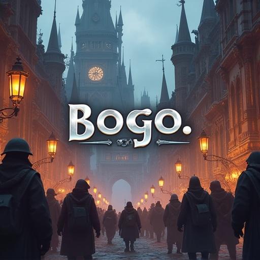 City background inspired by ironforge with fantasy elements. Logo text reading Bogo Store centered on image. Subtext includes Raids, M+, and Gold beneath logo.