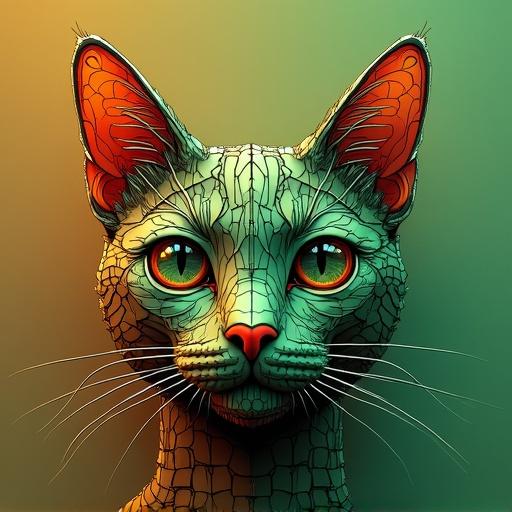 Wire frame style of a cat face with green and orange colors. The design focuses on the facial features in a modern artistic way.