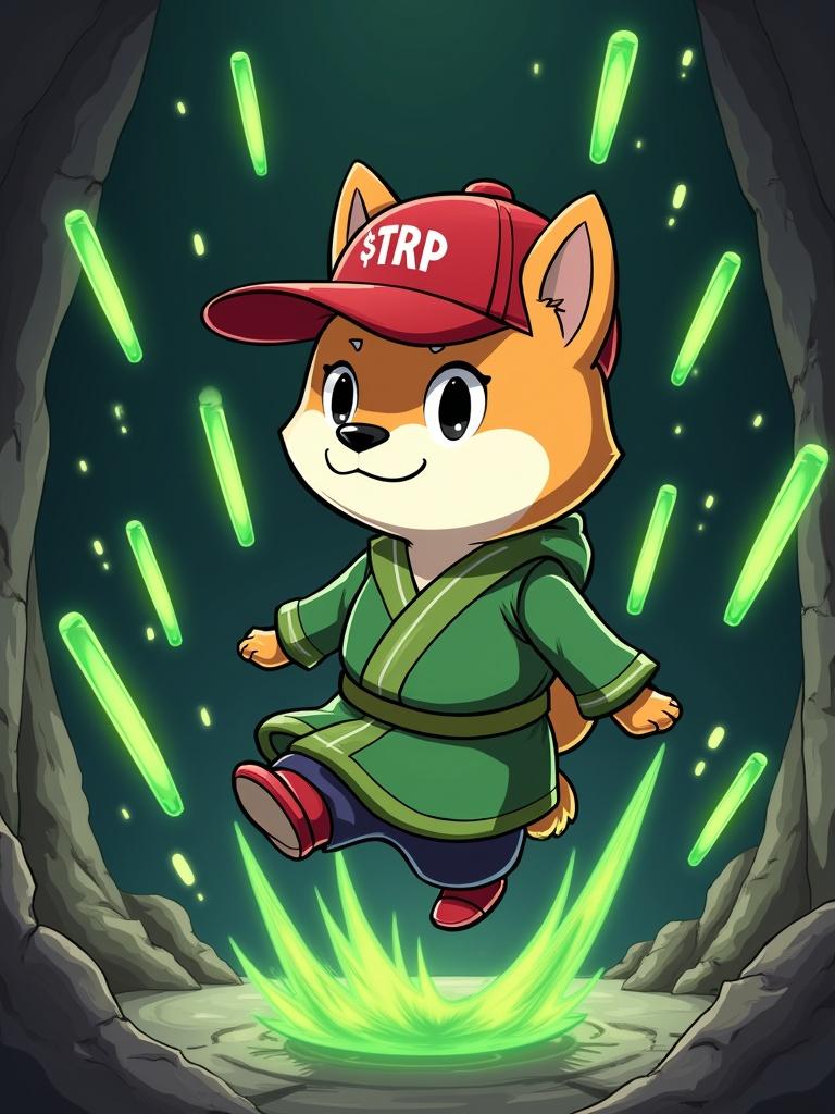 Stylized illustration of an animated Shiba dog character. Character wears a red baseball cap labeled $TRP. Character levitates surrounded by glowing green rods. Wearing a green robe and dark pants. Has a serene expression. Background is a dark, rocky cave. Style is vibrant and dynamic with sharp lines.