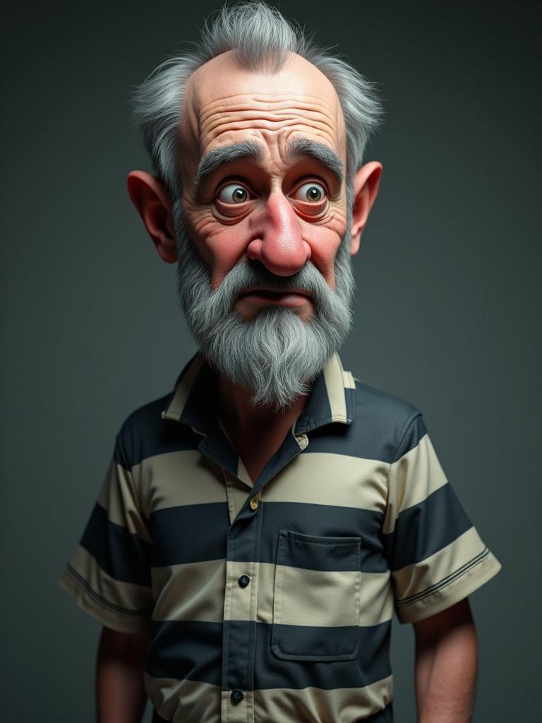 An old man appears in 3D style. He has a light beard and short hair. He wears a striped prison suit. He looks directly at the camera.