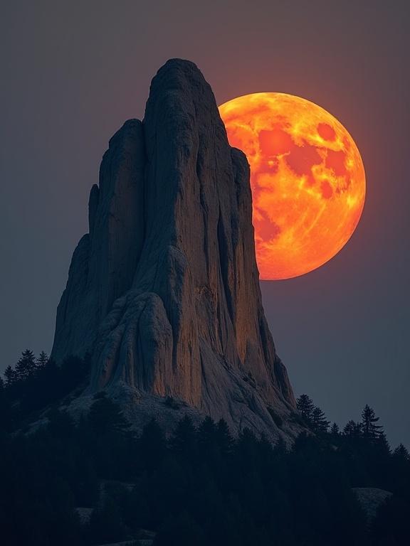 Image displays a tall, cylindrical rock formation with rugged texture and warm orange hues. A vibrant orange-red moon appears behind the formation. The sky transitions from deep blue to gray, creating a contrasting background. Forested base with dark green trees is visible.
