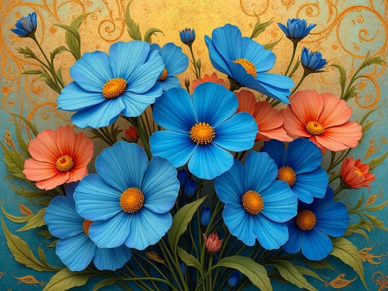 Bouquet of vibrant blue flowers with coral orange accents. Colors transition from deep indigo at the center to light teal. Intricate yellow stamen in the centers. Background features decorative swirls in gold, orange, teal, and indigo with contrasting light and dark. Detailed green and gold leaves extend in curves from the blooms.