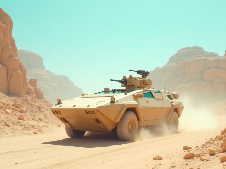 Image depicts a polygonal beige APC vehicle with a small mounted gun on top. Vehicle centered on a dusty road in a sunny desert stone city ruins. Background features cliffs and blue sky with dust swirling around.