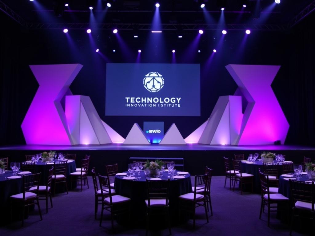 The image showcases a beautifully designed stage set for an event related to the Technology Innovation Institute. The stage has modern geometric shapes and is illuminated with vibrant purple lighting, creating a sophisticated atmosphere. The background features the logo of the institute prominently displayed. In front of the stage, there are elegantly arranged tables with chairs, indicating that guests will be seated for a formal event. The overall design is sleek and attractive, aimed at promoting innovation and technology.