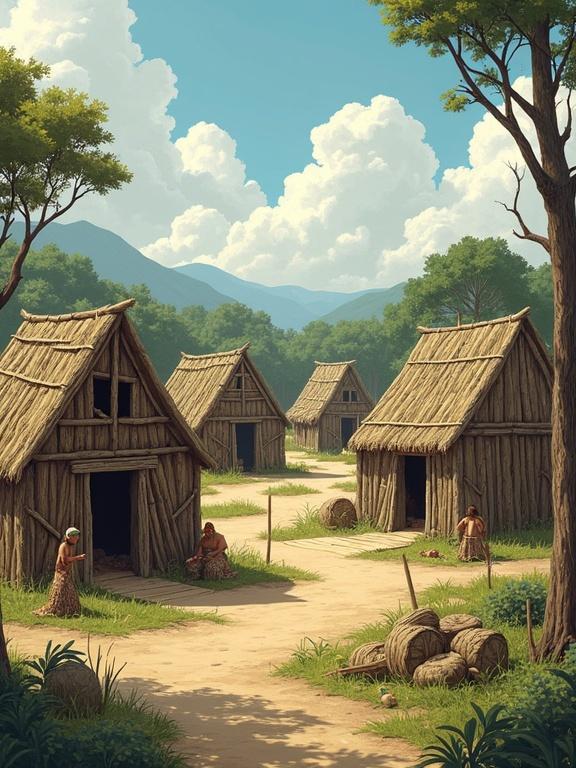Stylized depiction of the Roanoke colony settlement. Wooden structures shown surrounded by trees and mountains. People engaged in activities. Clear blue sky with clouds above.