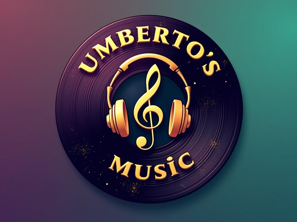 The image features a vintage vinyl record design with the words 'UMBERTO'S MUSIC' artfully arranged around a treble clef. The clef is adorned with a golden pair of headphones, adding a modern touch to the classical elements. The background transitions from a deep purple to a teal gradient, giving the image a stylish and vibrant feel.