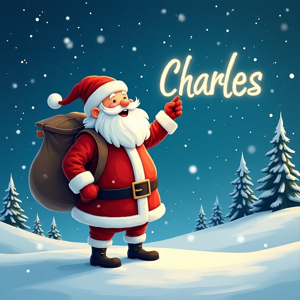 The image depicts a joyful Santa Claus standing in a winter wonderland. He is dressed in his traditional red suit with white trim and a matching hat. Santa is pointing upward as if he is magically writing a name in the sky. Snowflakes gently fall around him, adding to the festive atmosphere. In the sky, the name 'Charles' is written in bright, glowing letters. The background features snowy trees, enhancing the Christmas scene.