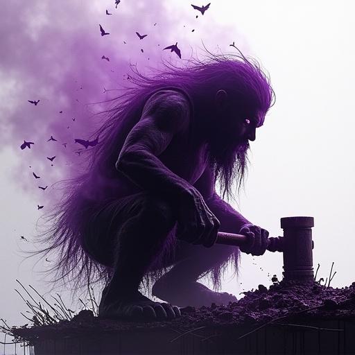 Double exposure image showcasing a purple silhouette of a dwarf. The dwarf is hammering steel with a menacing aura. Dark and chaotic atmosphere. 